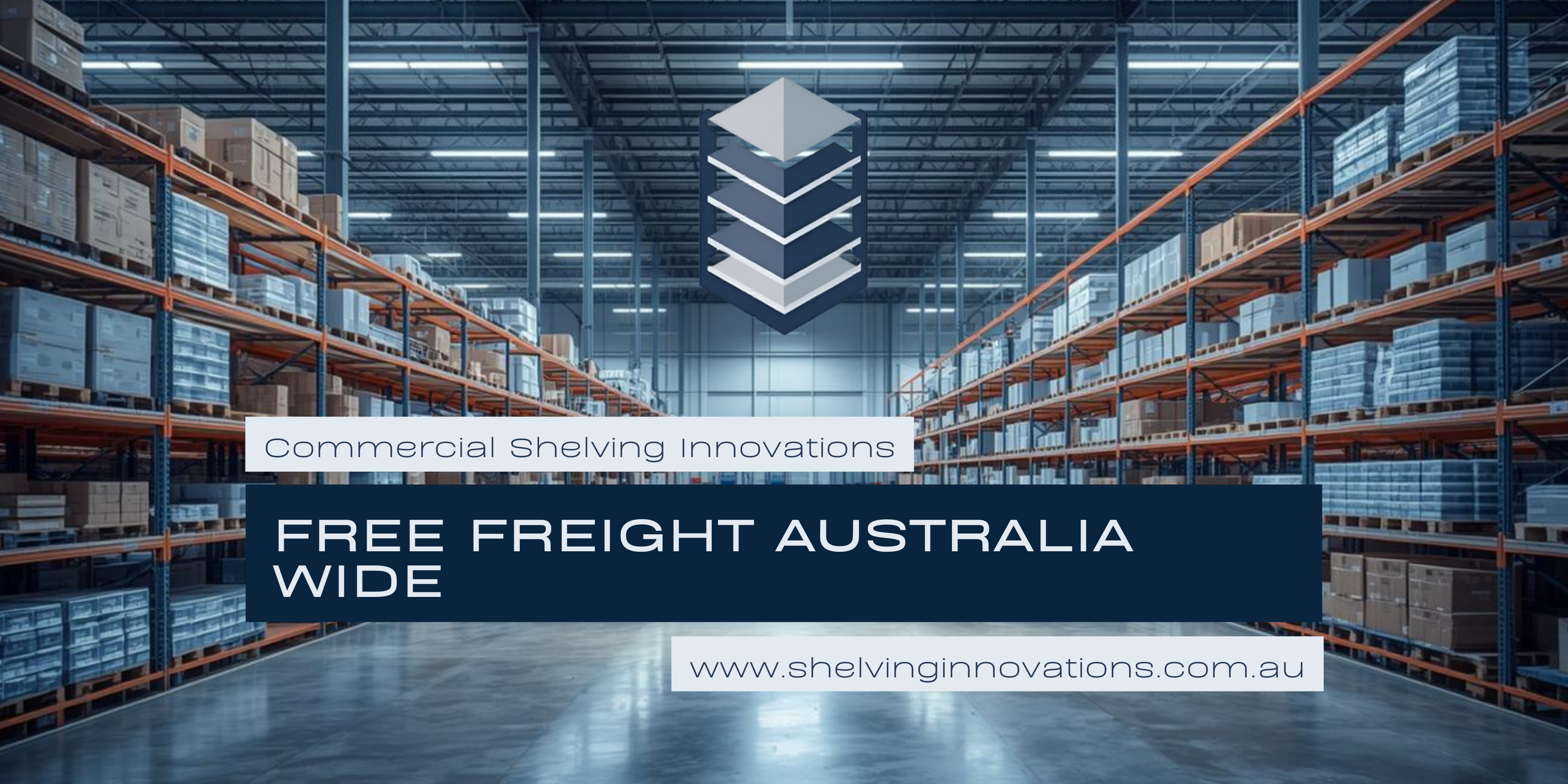 Large warehouse with shelves and storage units, featuring 'Commercial Shelving Innovations' advertisement.