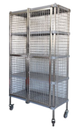 Metal wire mesh storage cage on wheels with a white background