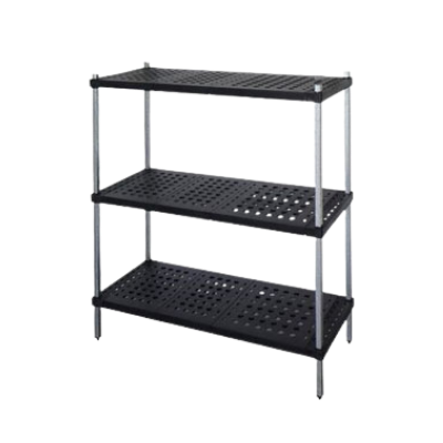 Black metal shelving unit on a white background