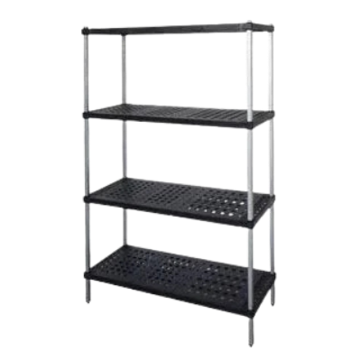 Black metal shelving unit on a white background