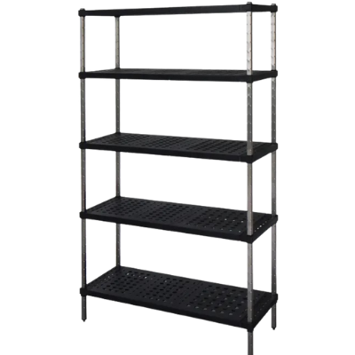 Black metal shelving unit on a white background
