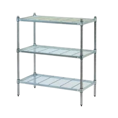 Three-tier metal shelving unit on a white background
