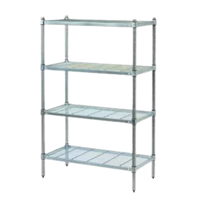 Metal shelving unit with four shelves on a white background