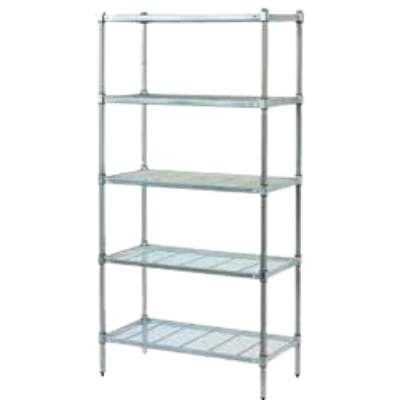 Metal shelving unit with five shelves on a white background