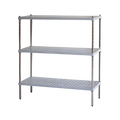 Three-tier metal shelving unit on a white background