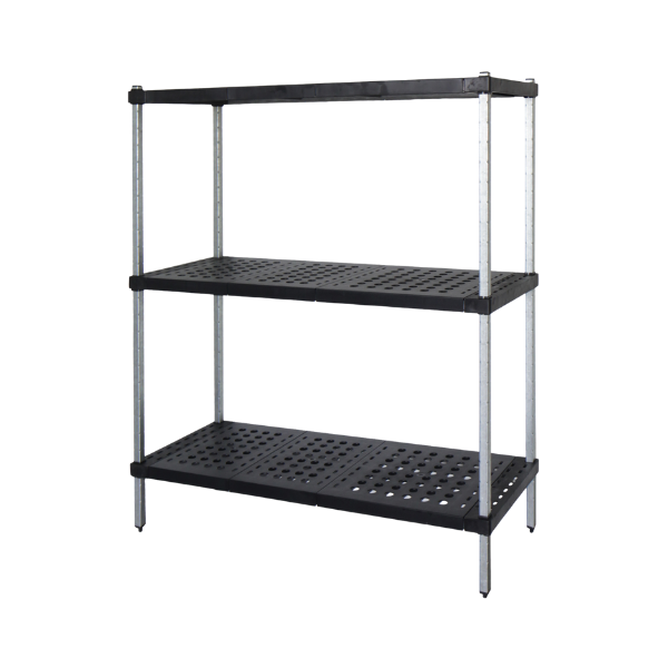 Three-tier black shelving unit with metal legs on a white background