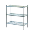 Metal shelving unit with three shelves on a white background