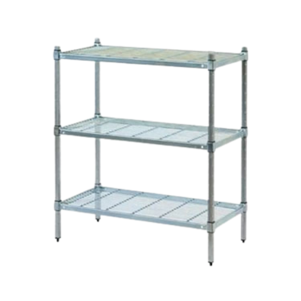 Metal shelving unit with three shelves on a white background