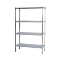 Metal shelving unit with four shelves on a white background