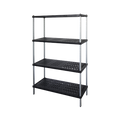Black shelving unit with four shelves on a white background