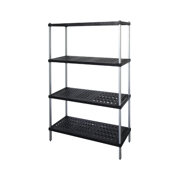 Black shelving unit with four shelves on a white background