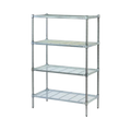 Metal shelving unit with four shelves on a white background