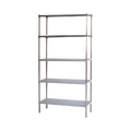 Metal shelving unit with five shelves on a white background