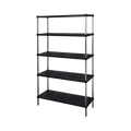 Black metal shelving unit with five shelves on a white background