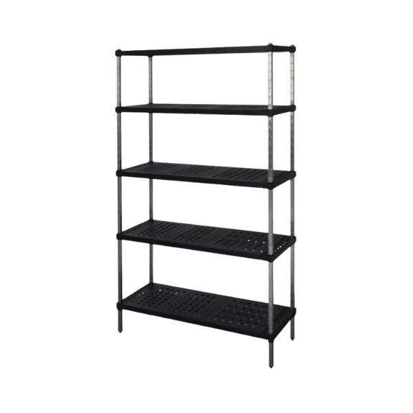 Black metal shelving unit with five shelves on a white background