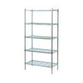 Metal shelving unit with five shelves on a white background