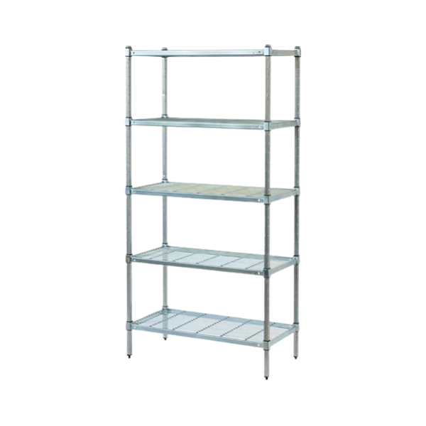 Metal shelving unit with five shelves on a white background